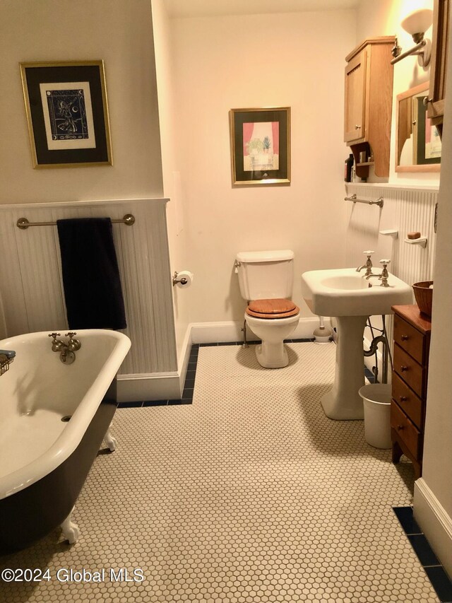 bathroom with a washtub and toilet