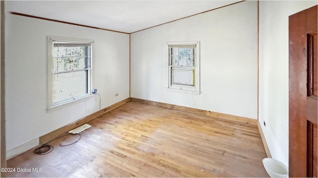 spare room featuring light hardwood / wood-style floors, crown molding, and plenty of natural light