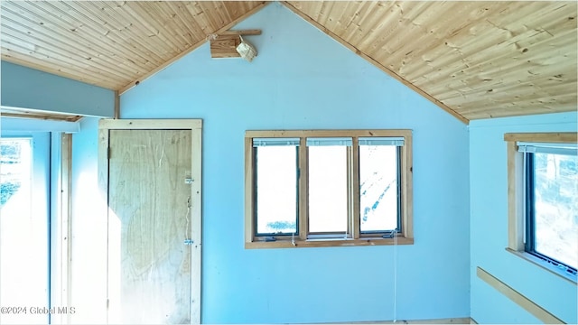 unfurnished room featuring wooden ceiling, a wealth of natural light, and lofted ceiling