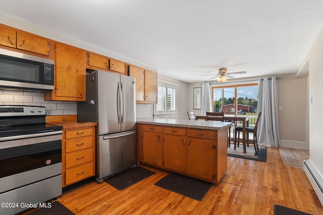 kitchen with a baseboard radiator, decorative backsplash, light hardwood / wood-style floors, kitchen peninsula, and stainless steel appliances