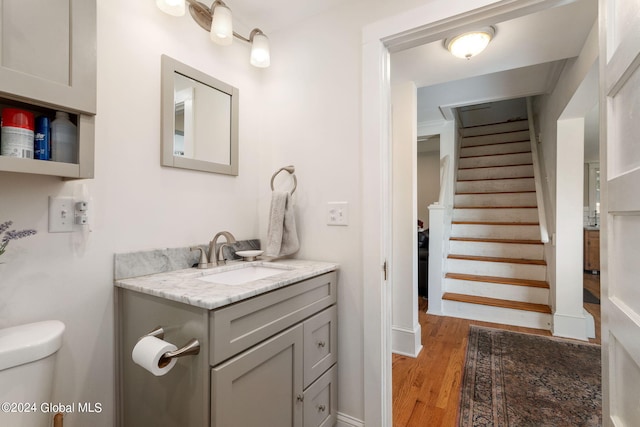 bathroom with vanity, wood-type flooring, and toilet