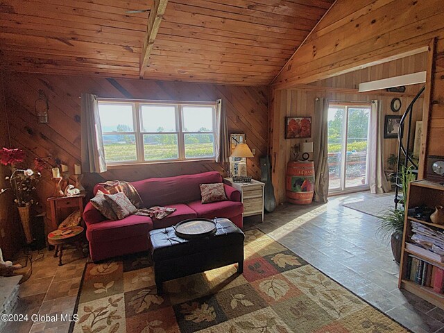 living room with vaulted ceiling, wood ceiling, a healthy amount of sunlight, and wood walls