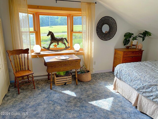 bedroom with lofted ceiling and carpet floors