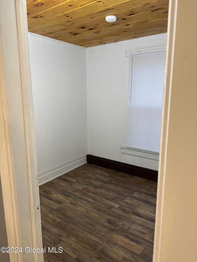 unfurnished room featuring dark wood-type flooring and wood ceiling