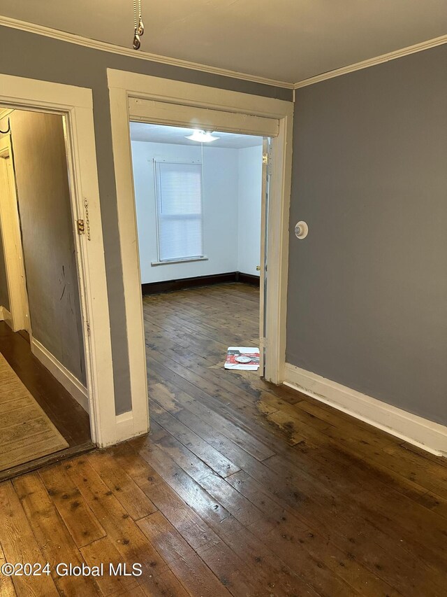 corridor with dark hardwood / wood-style floors and ornamental molding