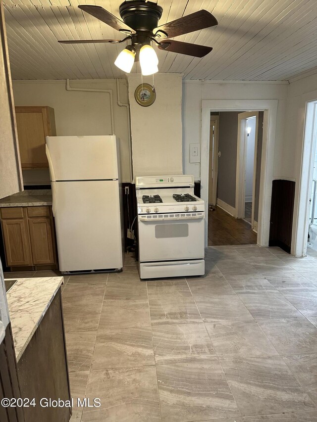 kitchen featuring ceiling fan, wood ceiling, and white appliances