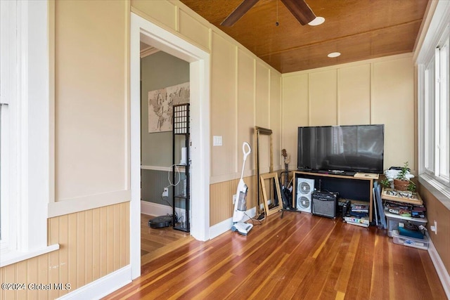 office with wood ceiling, ceiling fan, and hardwood / wood-style floors