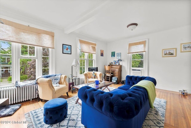 living room featuring beam ceiling, light hardwood / wood-style flooring, and a wealth of natural light