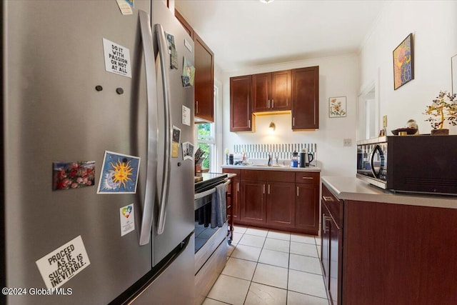 107-109 Lake Ave, Saratoga Springs, Inside, NY 12866 - kitchen featuring ornamental molding, light tile patterned floors, light countertops, appliances with stainless steel finishes, and a sink