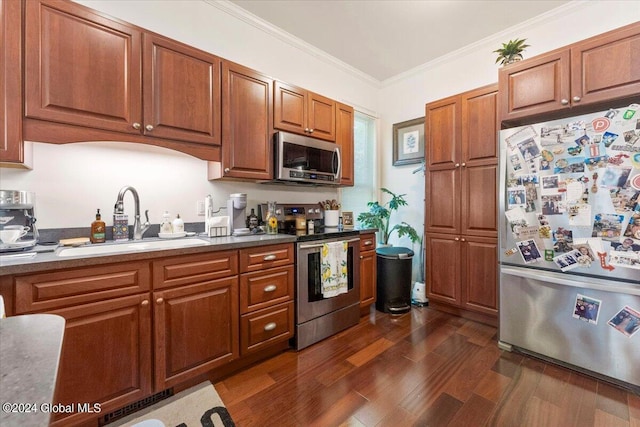 107-109 Lake Ave, Saratoga Springs, Inside, NY 12866 - kitchen with a sink, ornamental molding, brown cabinets, stainless steel appliances, and dark wood-type flooring