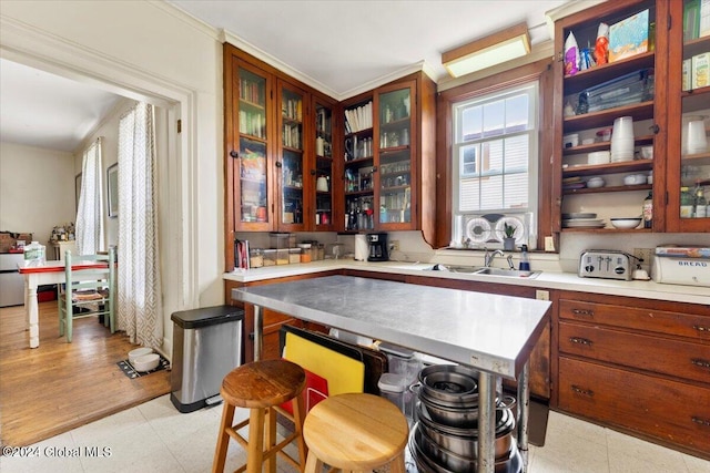 107-109 Lake Ave, Saratoga Springs, Inside, NY 12866 - kitchen with glass insert cabinets, a sink, ornamental molding, light countertops, and brown cabinetry