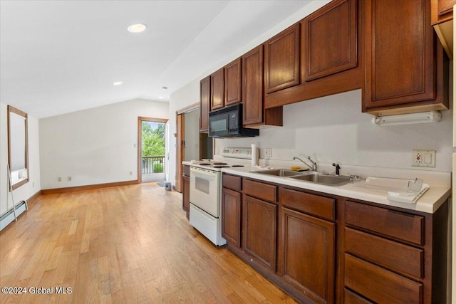 kitchen featuring sink, light hardwood / wood-style flooring, electric range, and vaulted ceiling