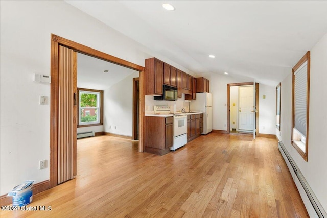 kitchen with lofted ceiling, baseboard heating, white appliances, and light hardwood / wood-style floors