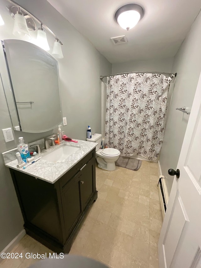 full bathroom featuring vanity, a baseboard heating unit, toilet, and shower / bathtub combination with curtain