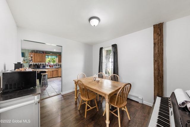 dining area featuring dark wood-type flooring and baseboard heating