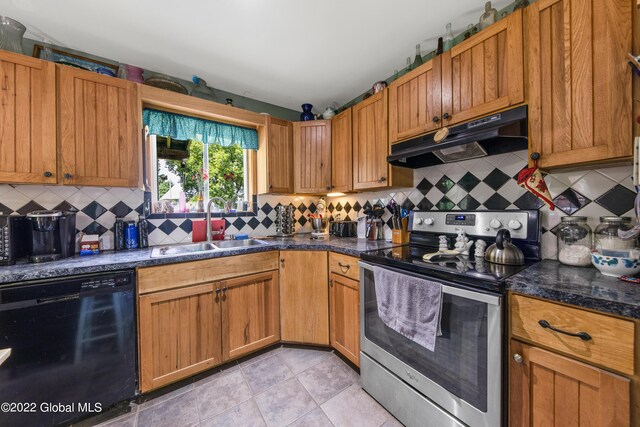 kitchen featuring black dishwasher, sink, backsplash, and stainless steel electric stove