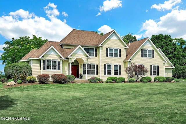 view of front of home with a shingled roof and a front lawn