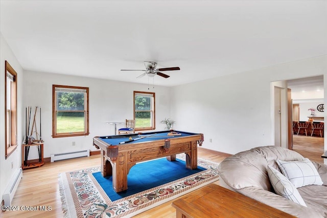 game room featuring ceiling fan, baseboard heating, light hardwood / wood-style floors, and pool table