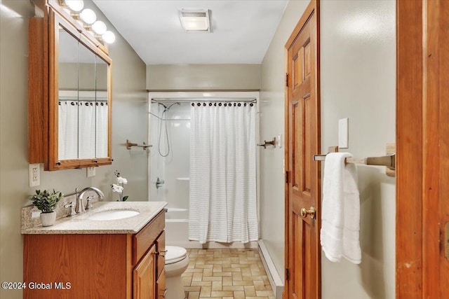 full bathroom with tile patterned floors, vanity, shower / bathtub combination with curtain, and toilet