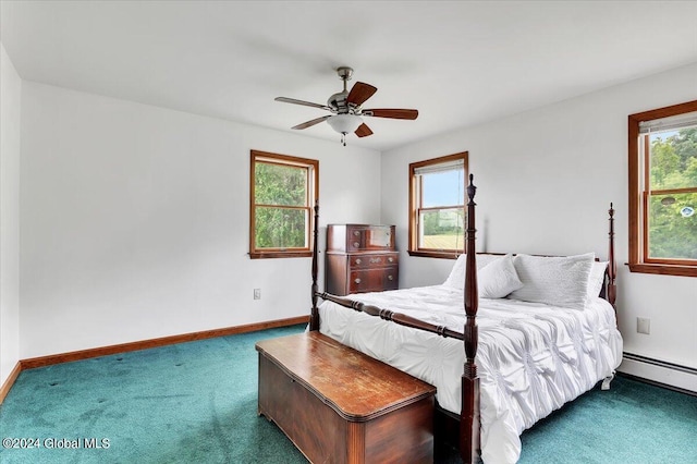 bedroom featuring baseboard heating, carpet floors, and ceiling fan