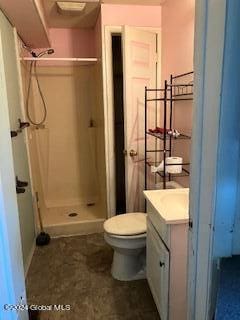 bathroom featuring a shower, vanity, and toilet