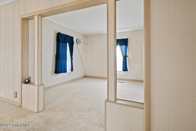 unfurnished room with carpet and ornamental molding