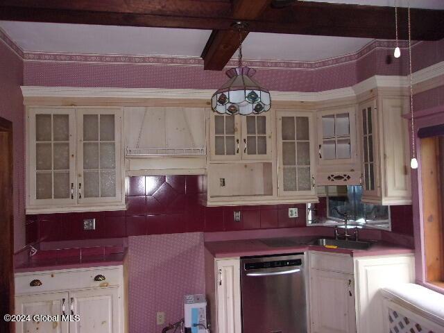 2119 Broadway, Schenectady, NY 12306 - kitchen with glass insert cabinets, a sink, beam ceiling, and dishwasher