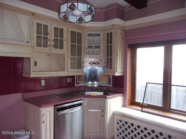 2119 Broadway, Schenectady, NY 12306 - kitchen with glass insert cabinets, white cabinets, a sink, and stainless steel dishwasher
