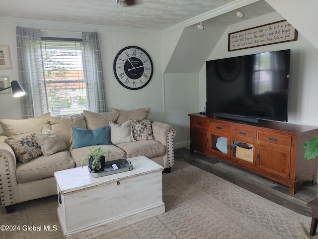 living area featuring crown molding and wood finished floors