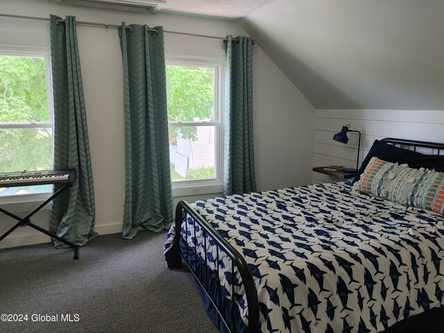 carpeted bedroom with lofted ceiling and multiple windows