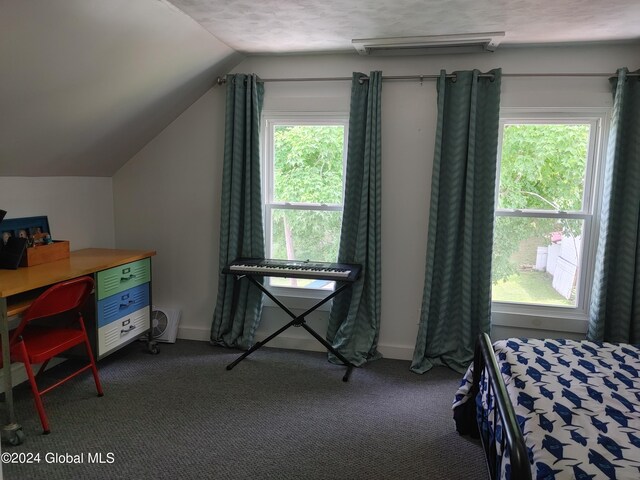 carpeted bedroom with multiple windows, a textured ceiling, and vaulted ceiling