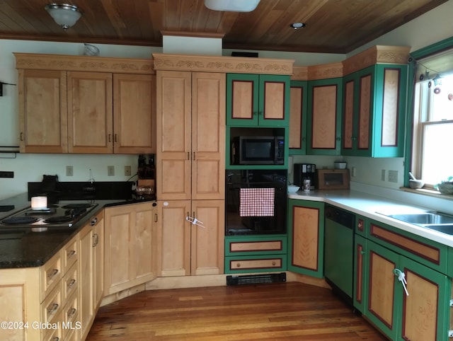 kitchen featuring oven, electric cooktop, dishwashing machine, wooden ceiling, and built in microwave