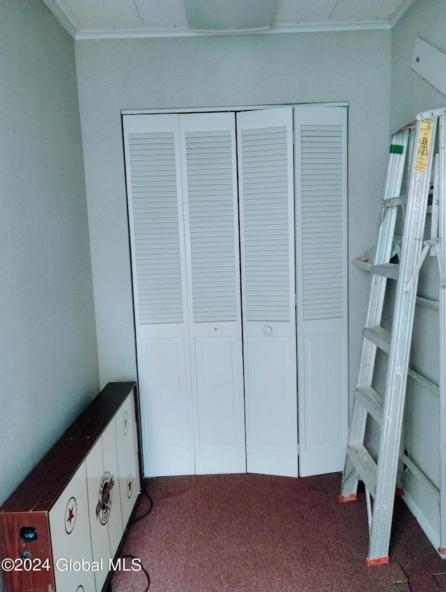 room details featuring crown molding and carpet