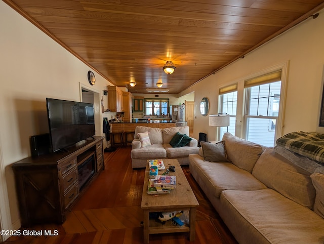 living room with wooden ceiling and dark wood-style flooring