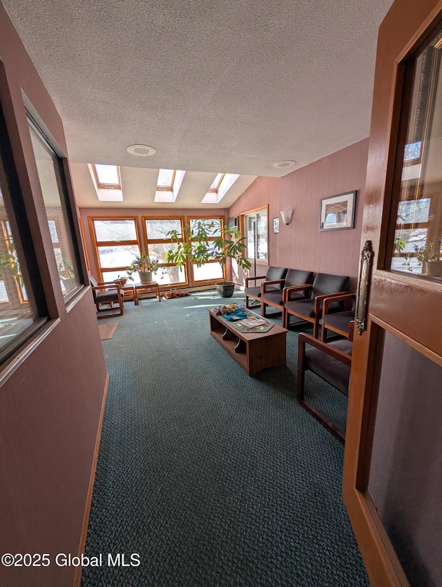 carpeted living area featuring a skylight and a textured ceiling