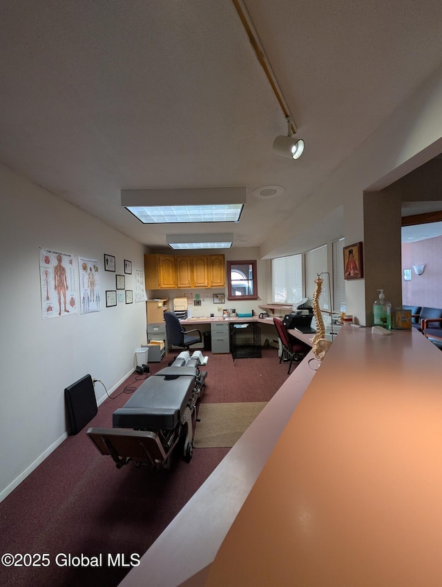 carpeted dining area with baseboards and rail lighting