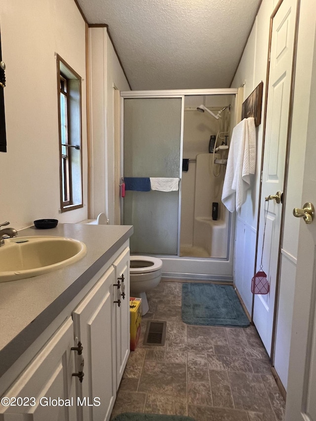 bathroom with vanity, a shower stall, toilet, and a textured ceiling