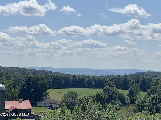 bird's eye view with a wooded view