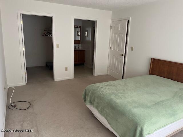 carpeted bedroom with a walk in closet, connected bathroom, and a closet