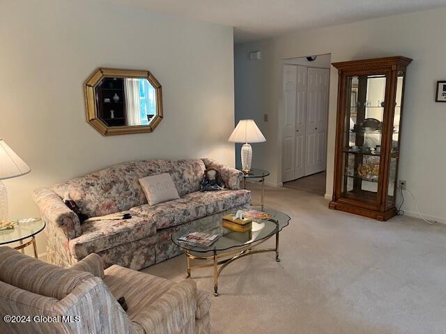 living room featuring light carpet