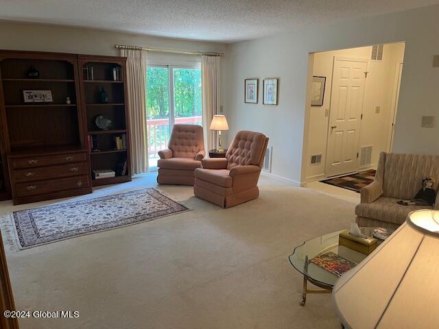 carpeted living room featuring a textured ceiling