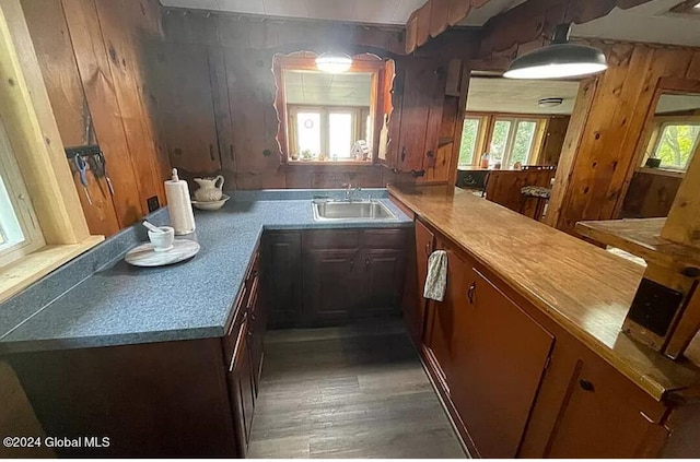 kitchen featuring plenty of natural light, sink, and wooden walls