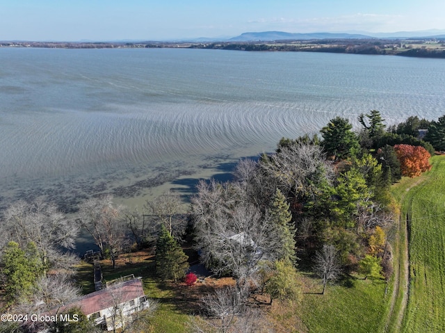 bird's eye view with a water and mountain view