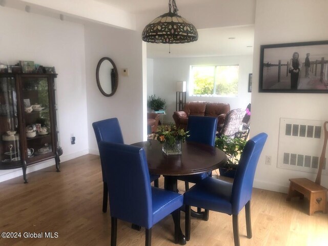 dining room with radiator heating unit and hardwood / wood-style flooring