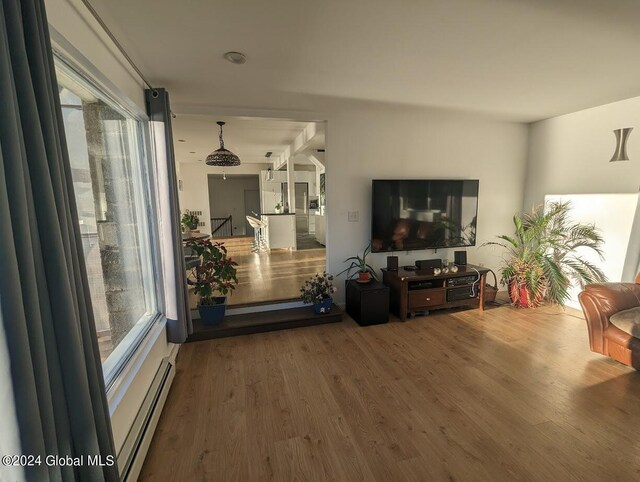 living room featuring hardwood / wood-style flooring and a baseboard radiator