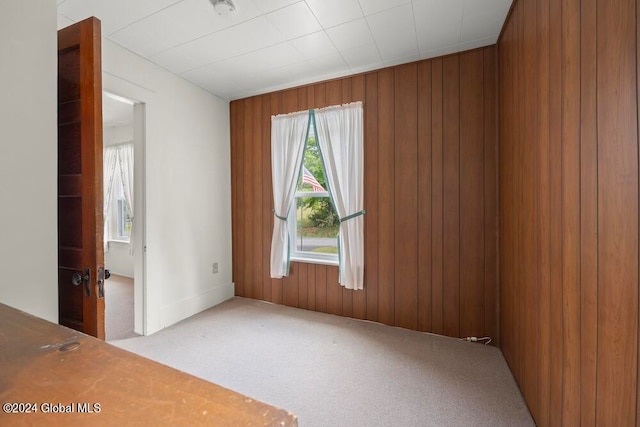 carpeted spare room featuring wood walls