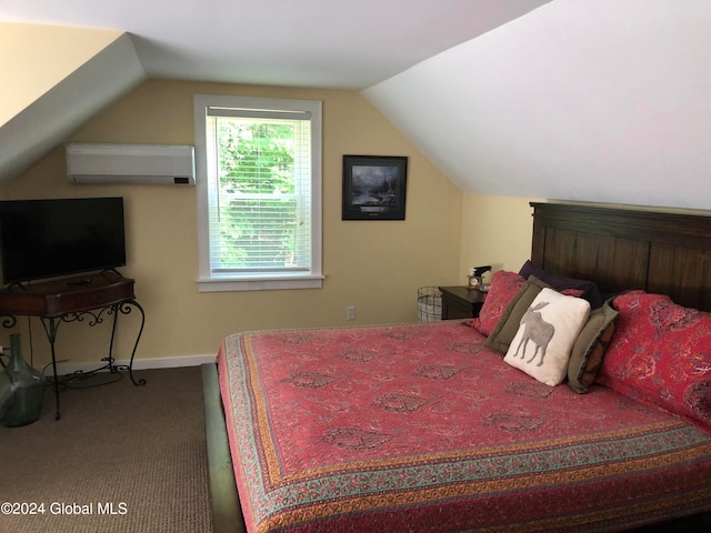 bedroom featuring lofted ceiling, a wall unit AC, and carpet flooring