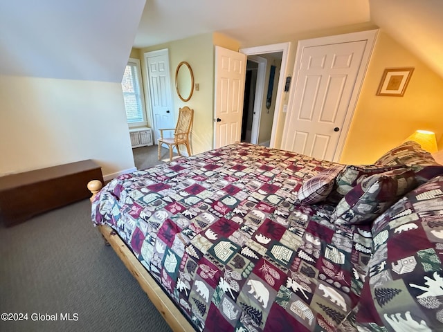 bedroom featuring lofted ceiling and carpet