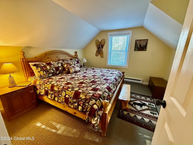 carpeted bedroom featuring lofted ceiling and baseboard heating