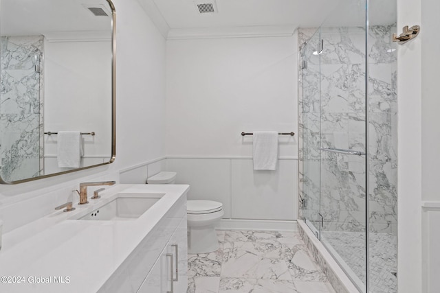 full bathroom with a marble finish shower, visible vents, marble finish floor, and crown molding